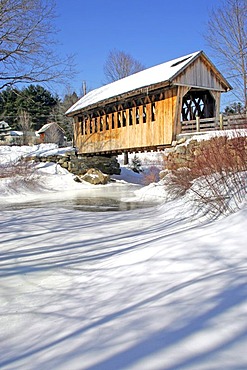 Covered bridge, Cilleyville Bog bridge, snow, winter, New Hampshire, New England, USA