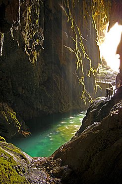 Piedra River, Cave Iris inside the "Cola de Caballo Waterfall" at Monasterio de Piedra, Nuevalos, Zaragoza province, Aragon, Spain, Europe