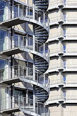 Spiral staircase on a facade in the city centre of Frankfurt am Main, Hesse, Germany, Europe