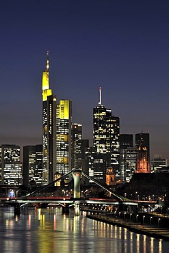 Frankfurt skyline seen from the east with Floesserbruecke bridge, Frankfurt am Main, Hesse, Germany, Europe