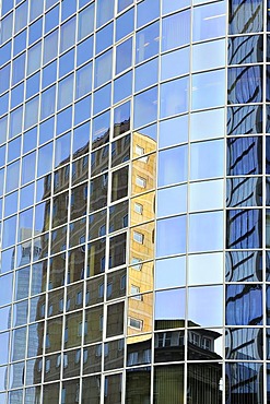 Office buildings are reflected in a glass facade, downtown, Frankfurt am Main, Hesse, Germany, Europe