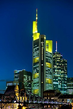 Skyline in the evening light, banks, Commerzbank, river Main, Frankfurt, Hesse, Germany, Europe