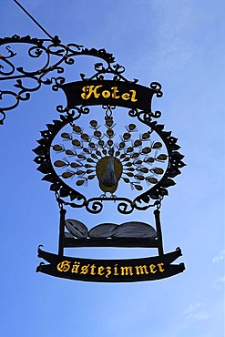 Elaborate advertising sign "Hotel Pfauen" hotel peacock, Hauptstr. 78, Endingen am Kaiserstuhl, Baden-Wuerttemberg, Germany, Europe