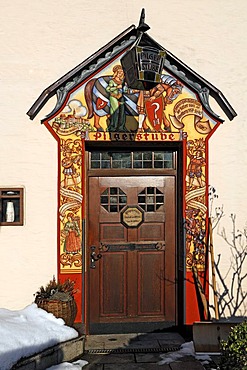 Decorative entrance of the "Pilgerstube", tasting tavern for spirits, liqueurs, Hans-Hertlein-Strasse 1, Streitberg, Wiesenttal, Upper Franconia, Bavaria, Germany, Europe