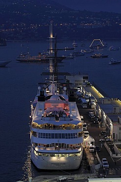 Seabourn Legend cruise ship at night in the harbor of Monaco, Principality of Monaco, Cote d'Azur, Europe