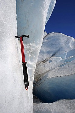 Ice axe in glacial ice, glacier, detail, Viedma Glacier, El Chalten, Patagonia, Argentina, South America