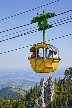 Gondola of the Kampenwandbahn cable car, Mt. Kampenwand, view to Lake Chiemsee, Chiemgau, Bavaria, Germany, Europe