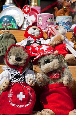 Plush toy Marmots, dressed in tradiotional Swiss costume, souvenir, Davos, Grisons, Switzerland, Europe