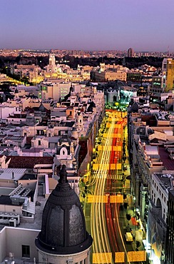 Gran Via street at dusk with Christmas illumination, Madrid, Spain, Europe