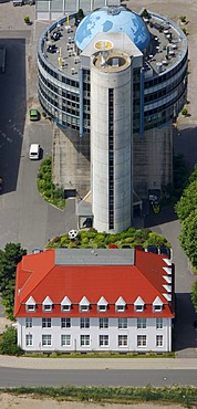 Aerial view, bunker, globe, office building, conversion, World War II bunker, concrete building, Rauendahl, Hattingen, Ruhrgebiet region, North Rhine-Westphalia, Germany, Europe