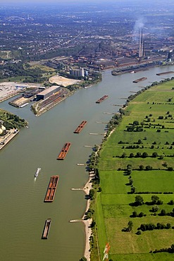 Aerial photo, ThyssenKrupp Steel steel mill, inland waterway, port Schwelgern, ore push tows, Binsheim, Duisburg, Rhine floodplains, Ruhrgebiet region, North Rhine-Westphalia, Germany, Europe