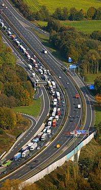 Aerial shot, motorway A1, Hagen-Kabel, Hagen, North Rhine-Westphalia, Germany, Europe