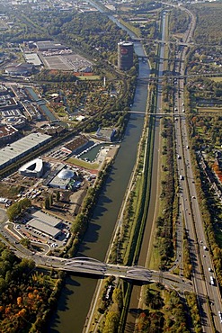 Aerial, Emscher Gasometer, A42 motorway, Rhine-Herne Canal, Oberhausen, North Rhine-Westphalia, Germany, Europe