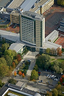 Aerial shot, city hall, high-rise building, municipal administration, Luenen, Ruhr district, North Rhine-Westphalia, Germany, Europe