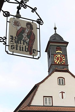 Ratsstueble inn sign in front of the clock and bell tower of the Old Town Hall, Neuenstein, Hohenlohe, Baden-Wuerttemberg, Germany, Europe