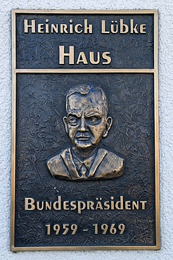 Plaque and relief at the Heinrich Luebke Haus, Federal President 1959-69, Meschede, Sauerland region, North Rhine-Westphalia, Germany, Europe