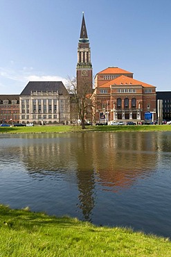 Kleiner Kiel lake with town hall and opera house, state capital of Kiel, Schleswig-Holstein, Germany, Europe