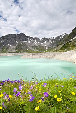 Luener Lake, mountain lake and reservoir at 1979m altitude, Brandnertal Valley, Vorarlberg, Austria, Europe