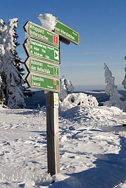 Signpost on the summit plateau of the Grosser Arber, Bavarian Forest Nature Park, Bavaria, Germany, Europe