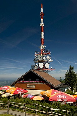 Transmitter mast and restaurant on Pfaenderspitze, 1064m, Lake Constance, Vorarlberg, Austria, Europe