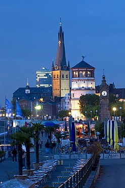 Rhine river waterfront with Lambertus Basilica and castle tower, state capitol Duesseldorf, North Rhine-Westphalia, Germany, Europe