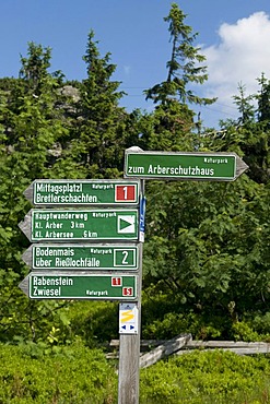 Signpost at the Grosser Arber, Great Arber, Bavarian Forest Nature Park, Bavaria, Germany, Europe