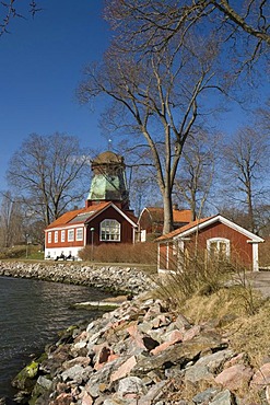 Mill and wooden house on the coast of Djurgarden at the Saltsjoen, Stockholm, Sweden, Scandinavia, Europe