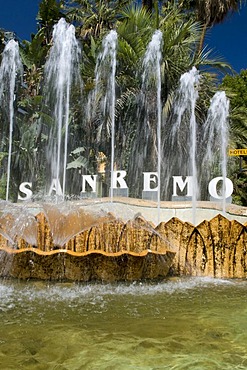 Fountain, San Remo in lettering, Riviera, Liguria, Italy, Europe