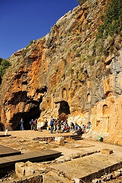 Remains of a Roman temple at the source of the Hermon River, one of three headstreams of the Jordan River, Golan Heights, Israel, Middle East, Orient