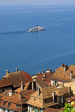 Excursion boat on Lake Geneva passing the medieval village of Saint-Saphorin, Lavaux UNESCO World Heritage region on Lake Geneva, Vaud, Switzerland, Europe