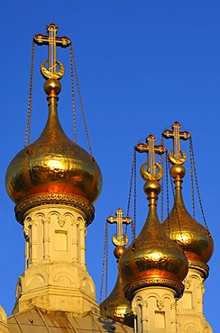 Gold-plated onion domes of the Russian Orthodox church of Geneva in the evening light, Geneva, Switzerland, Europe