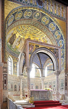 Ciborium from the 12th Century in front of an apse mosaic from the 6th Century, Euphrasian Basilica in Porec, Croatia, Europe