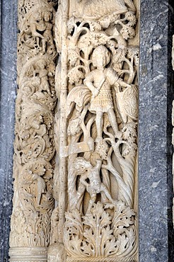 Detail of the Romanesque portal of the Cathedral of St. Lawrence in Trogir, Croatia, Europe