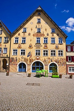 Town hall with the Horber Bilderbogen mural, Horb am Neckar, Black Forest, Baden-Wuerttemberg, Germany, Europe