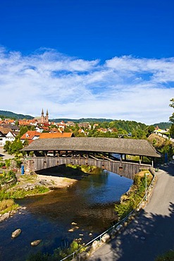 Historic wooden bridge over the Murg river, Forbach, Black Forest, Baden-Wuerttemberg, Germany, Europe