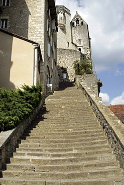 Steep stairs, fortified cliff town Rocamadour, Departement Lot, Midi-Pyrenees, France, Europe