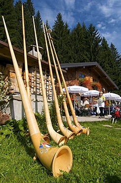 Alphorns at Max's Huette alpine hut at Mittelberg, Kleinwalsertal, Allgaeu, Vorarlberg, Austria, Europe