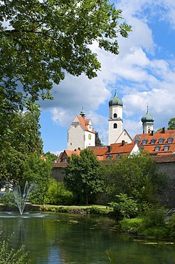 Pond at the city wall of Isny, Allgaeu, Bavaria, Germany, Europe