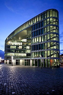 Office building next to the Westhafen Tower skyscraper of the OFB designed by the architects Schneider + Schumacher and OFB project development GmbH, won the German Urban Development Prize 2004, Westhafenplatz, Frankfurt am Main, Hesse, Germany, Europe