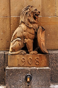 Lion, fountain sculpture, Art Nouveau, 1908, Loewenstrasse, Freiburg, Baden-Wuerttemberg, Germany, Europe