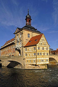 Old town hall, mid-15th century, in the Regnitz river, Obere Bruecke bridge 1, Bamberg, Upper Franconia, Bavaria, Germany, Europe