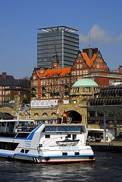 Harbor tour in the Hamburg harbor, Landungsbruecken jetties, St. Pauli district, Elbe river, the Hanseatic City of Hamburg, Germany, Europe