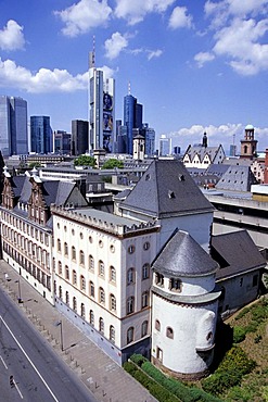 Romanesque chapel on the Mainkai, Historical Museum in Saalhof, skyline of the financial district in the back and the historic centre, Frankfurt am Main, Hesse, Germany, Europe