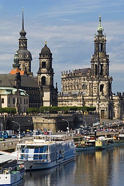 Excursion boat on Bruehl's Terrace, Royal Palace, Church of the Royal Court, Dresden, Saxony, Germany, Europe