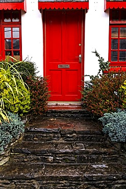 Stone stairs, red door, Kenmare, Ireland, Europe