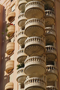 Round balconies of a high rise apartment building in the Le Larvotto district, Principality of Monaco, Cote d'Azur, Europe