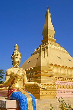 Theravada Buddhism, new golden stupa That Luang Namtha with figure, Luang Namtha, Laos, Southeast Asia, Asia