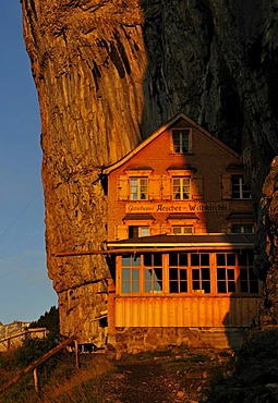 Aesher guest house at the Wildkirchli below the Ebenalp, Alpstein Mountains, Canton Appenzell, Switzerland, Europe