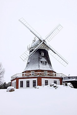 Snow-covered windmill and restaurant "Kluetzer Muehle" in winter, smock mill, Kluetz, Kluetzer Winkel, Mecklenburg-Western Pomerania, Germany, Europe