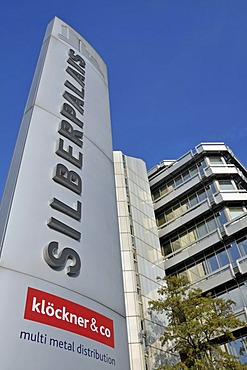 Company sign at the headquarters of the steel trading company Kloeckner & Co multi metal distribution in the Silberpalais office building in Duisburg, North Rhine-Westphalia, Germany, Europe